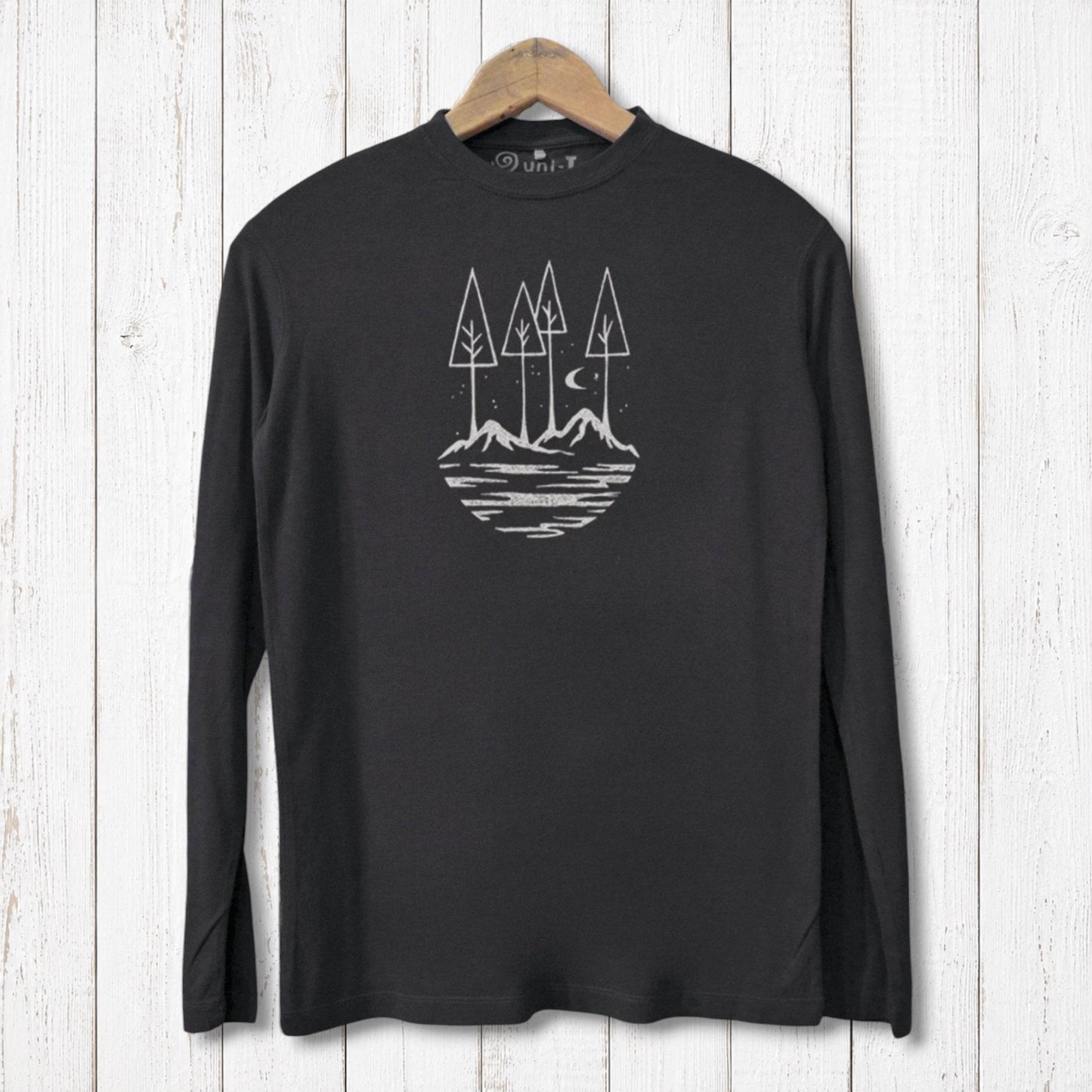 Uni-T black long sleeve bamboo t-shirt with a white hand-printed nature illustration of trees and mountains