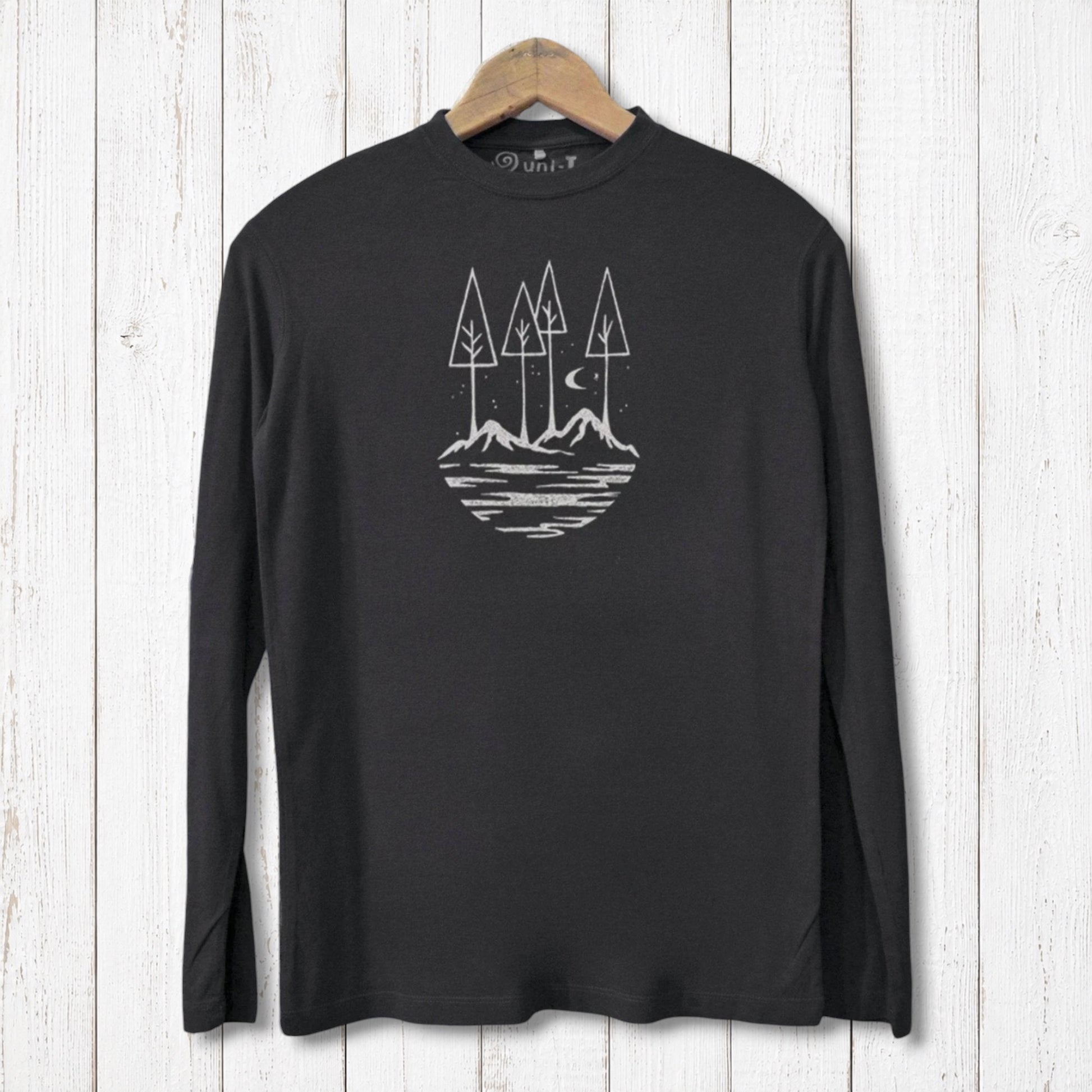 Uni-T black long sleeve bamboo t-shirt with a white hand-printed nature illustration of trees and mountains