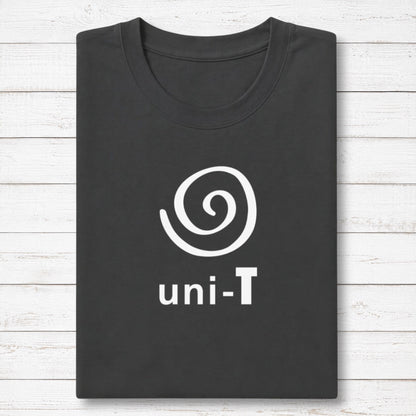 Uni-T black bamboo and organic cotton t-shirt with a white spiral unity graphic, neatly folded on a white wood surface.