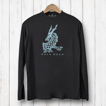 Uni-T black long sleeve t-shirt made from bamboo and organic cotton featuring a light blue dragon Dare More graphic.
