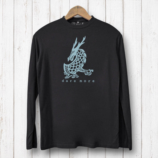 Uni-T black long sleeve t-shirt made from bamboo and organic cotton featuring a light blue dragon Dare More graphic.