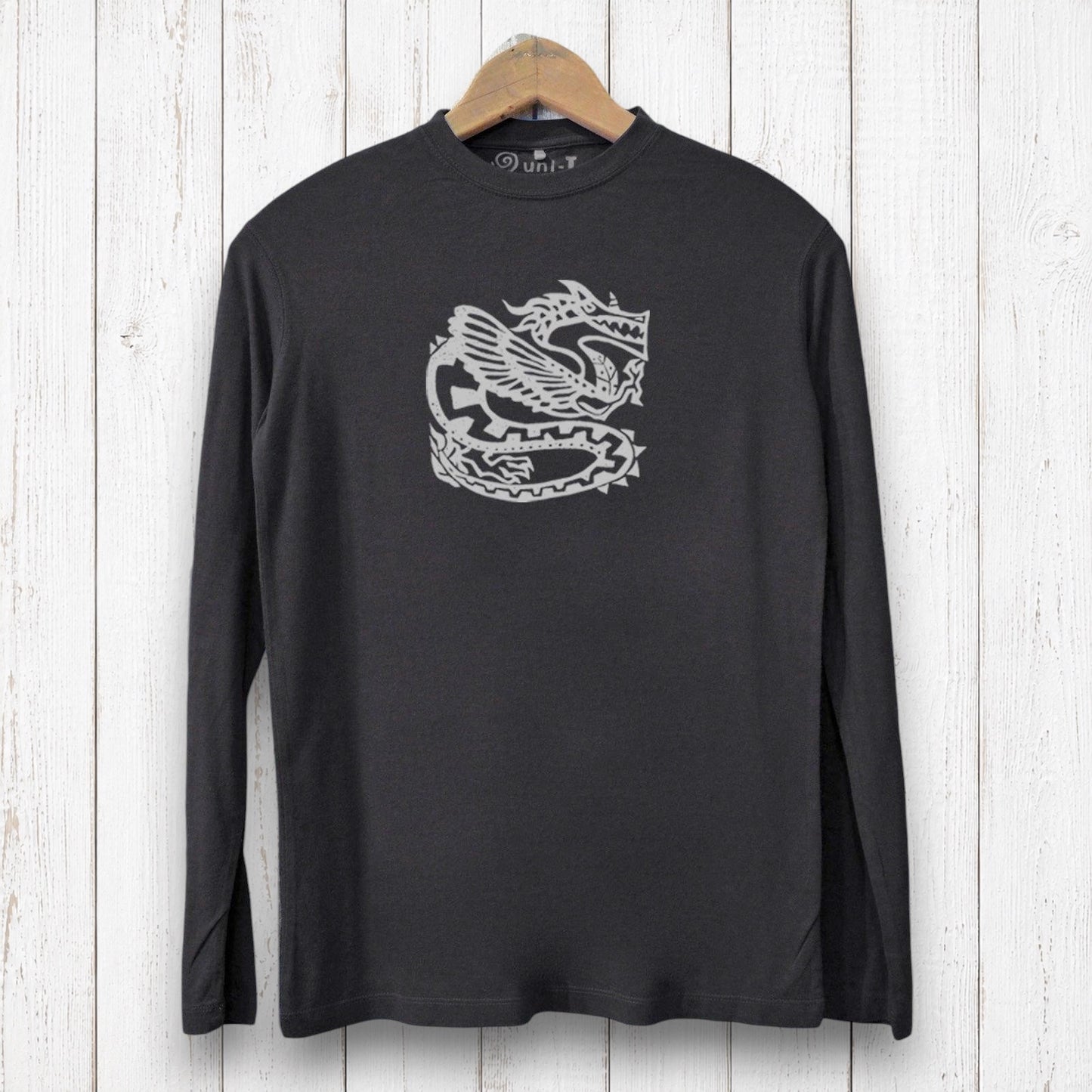 Uni-T men's black long sleeve graphic tee featuring a white ancient dragon illustration on soft bamboo cotton fabric.