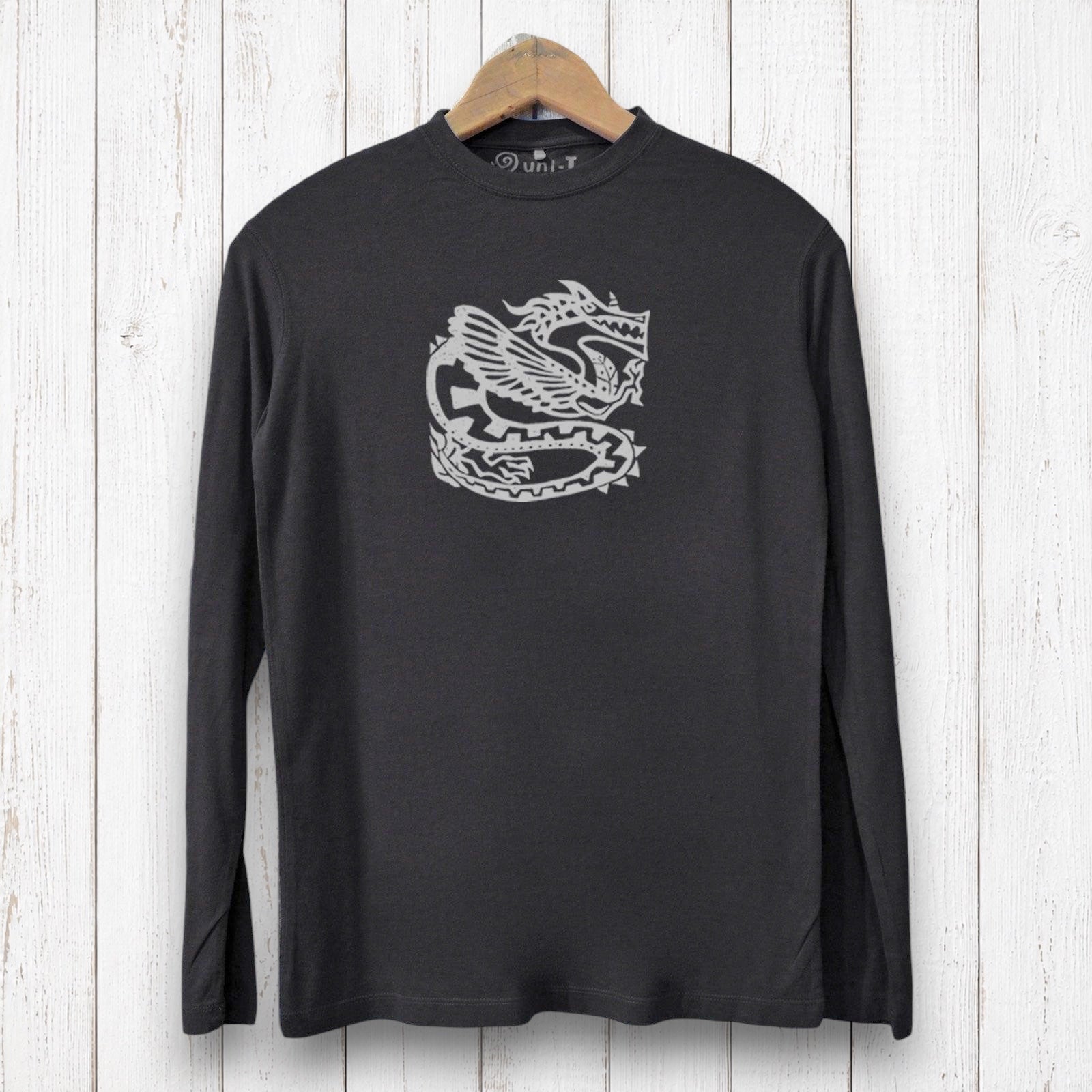 Uni-T men's black long sleeve graphic tee featuring a white ancient dragon illustration on soft bamboo cotton fabric.