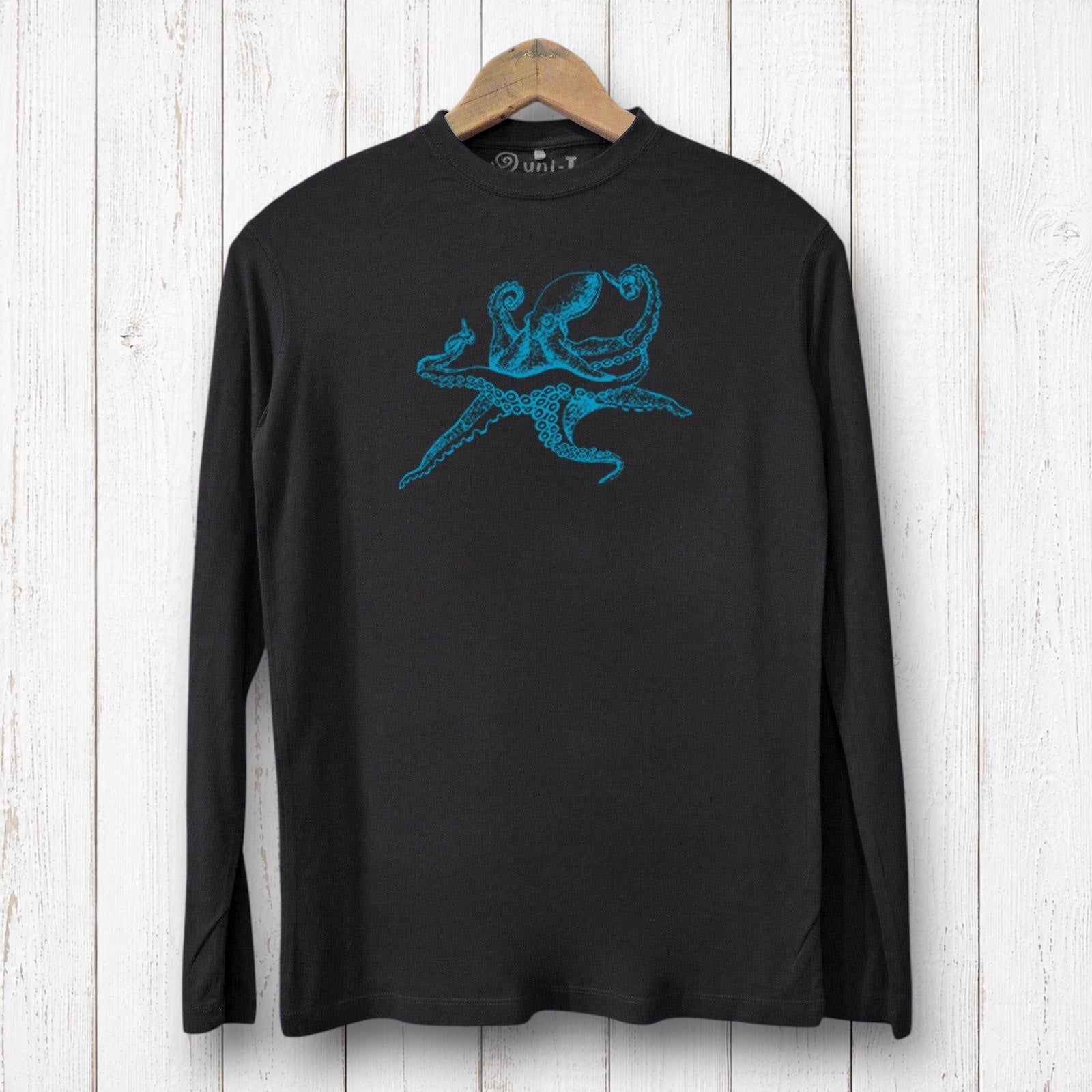 Uni-T black long sleeve bamboo and organic cotton t-shirt featuring a blue octopus graphic on a rustic wood background.