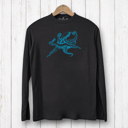 Uni-T black long sleeve bamboo and organic cotton t-shirt featuring a blue octopus graphic on a rustic wood background.