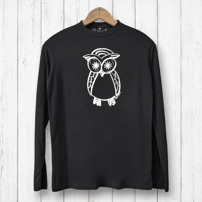 Uni-T black long sleeve bamboo and organic cotton t-shirt featuring a white hand-illustrated owl graphic design