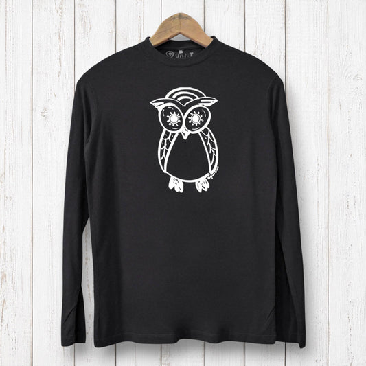 Uni-T black long sleeve bamboo and organic cotton t-shirt featuring a white hand-illustrated owl graphic design