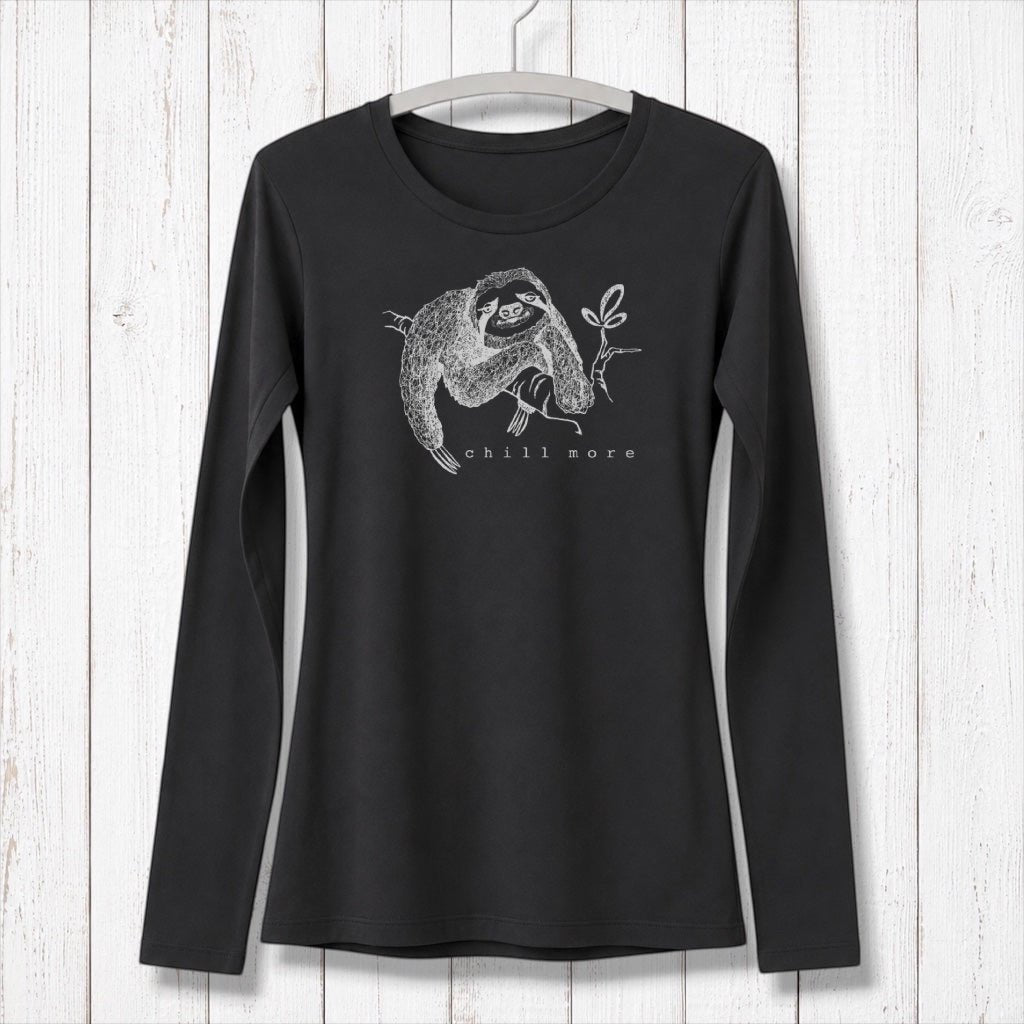 Uni-T black bamboo and organic cotton long sleeve t-shirt featuring a hand-illustrated sloth graphic and Chill More text.