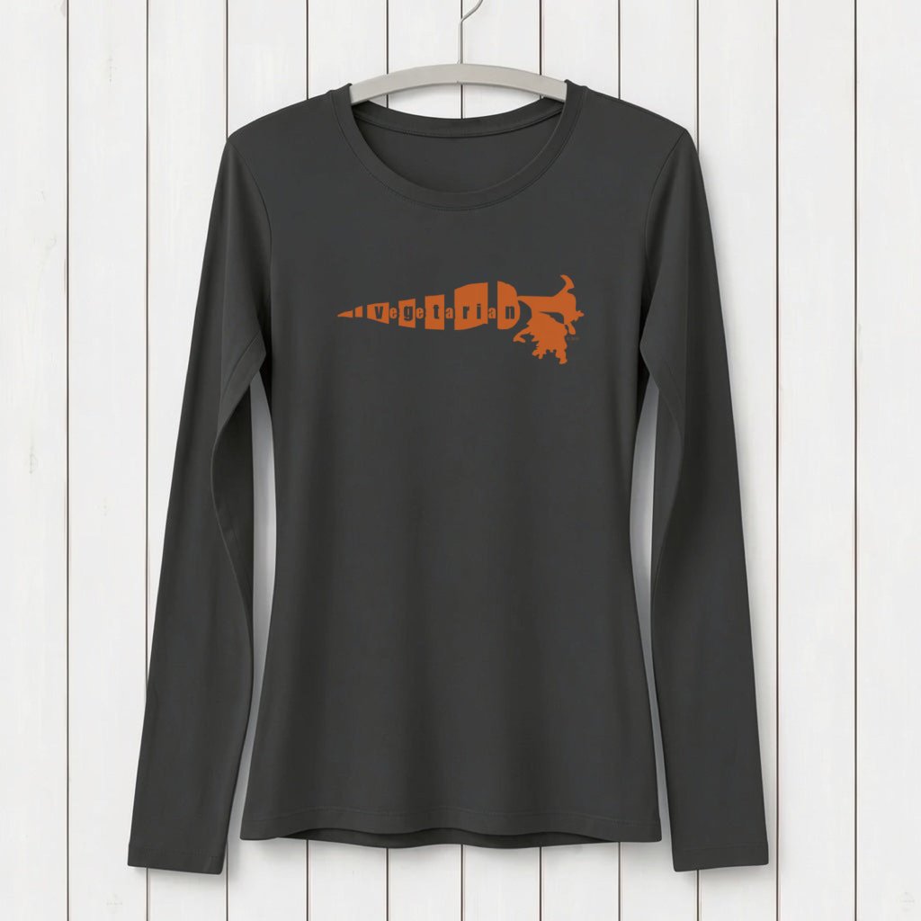 Uni-T black long sleeve women's t-shirt featuring a carrot-shaped vegetarian graphic in soft orange.