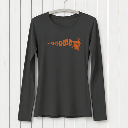 Uni-T black long sleeve women's t-shirt featuring a carrot-shaped vegetarian graphic in soft orange.