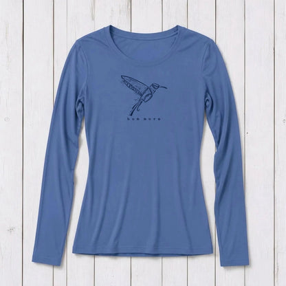 Uni-T blue long sleeve crew neck t-shirt made from soft bamboo and organic cotton blend on a white wooden background.