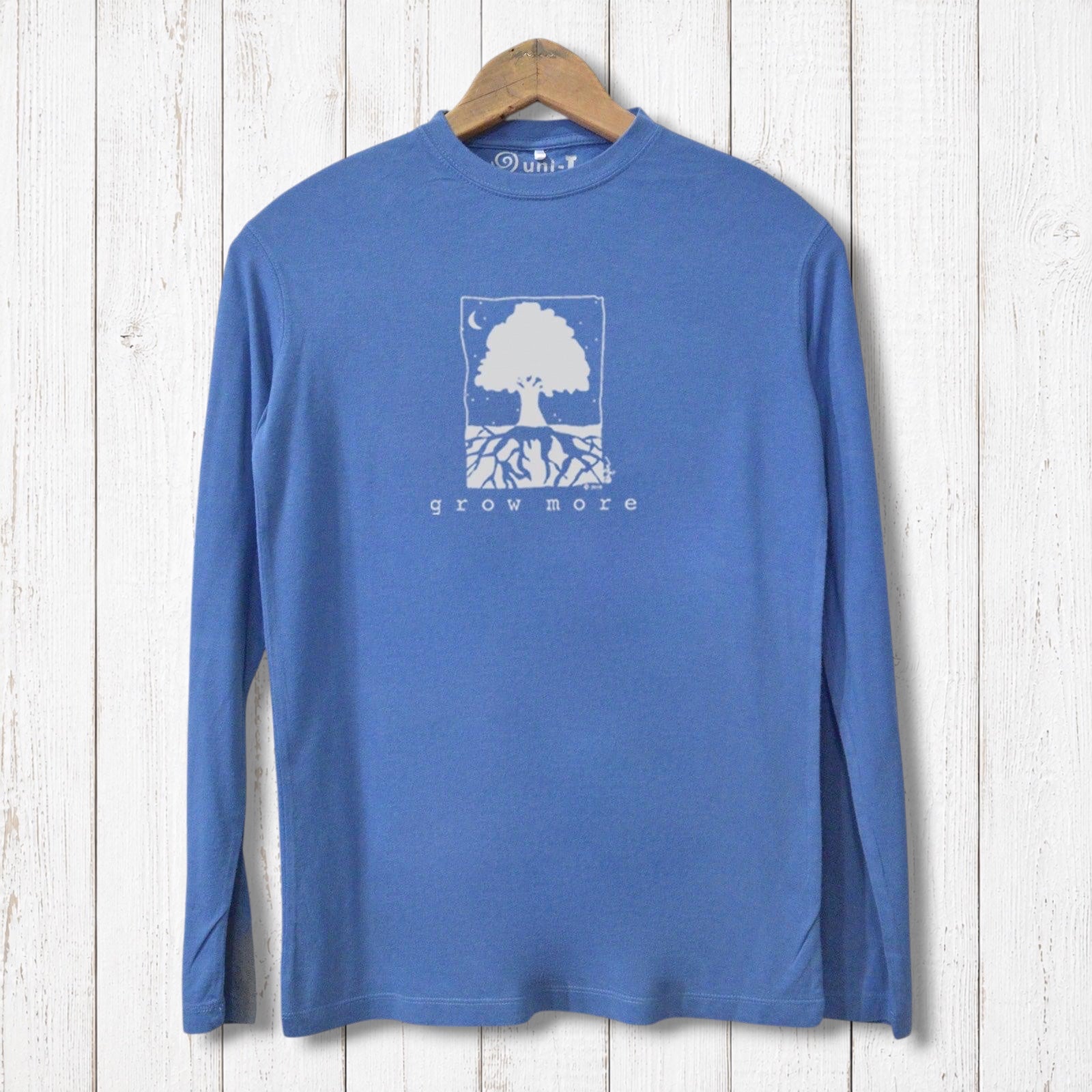 Uni-T blue long sleeve t-shirt featuring a white Grow More tree graphic, made from soft bamboo and organic cotton.
