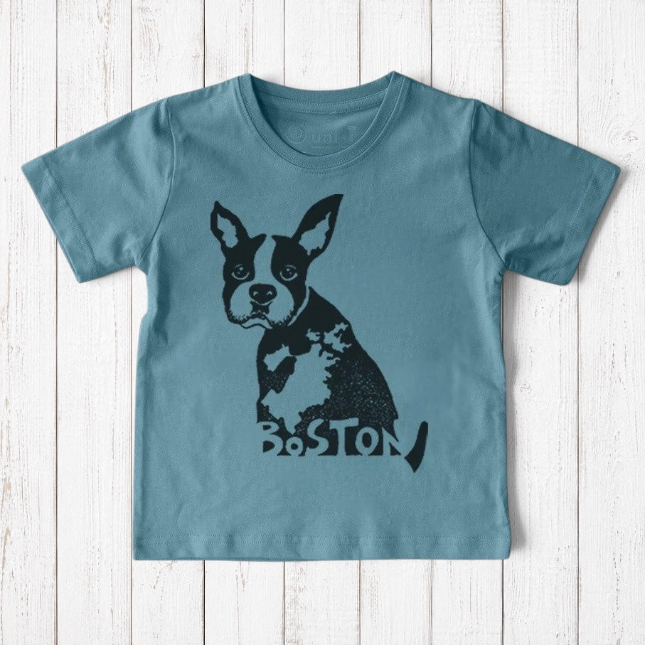 Uni-T kids blue organic cotton t-shirt featuring a hand-illustrated black Boston Terrier graphic