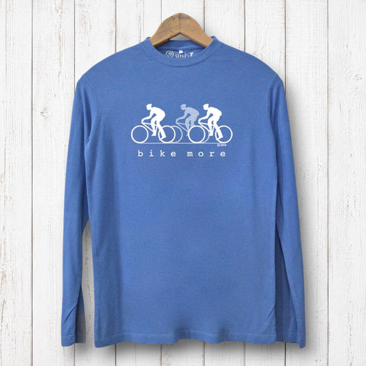 Uni-T blue long sleeve bamboo and organic cotton t-shirt with white Bike More cycling graphic on a wooden background