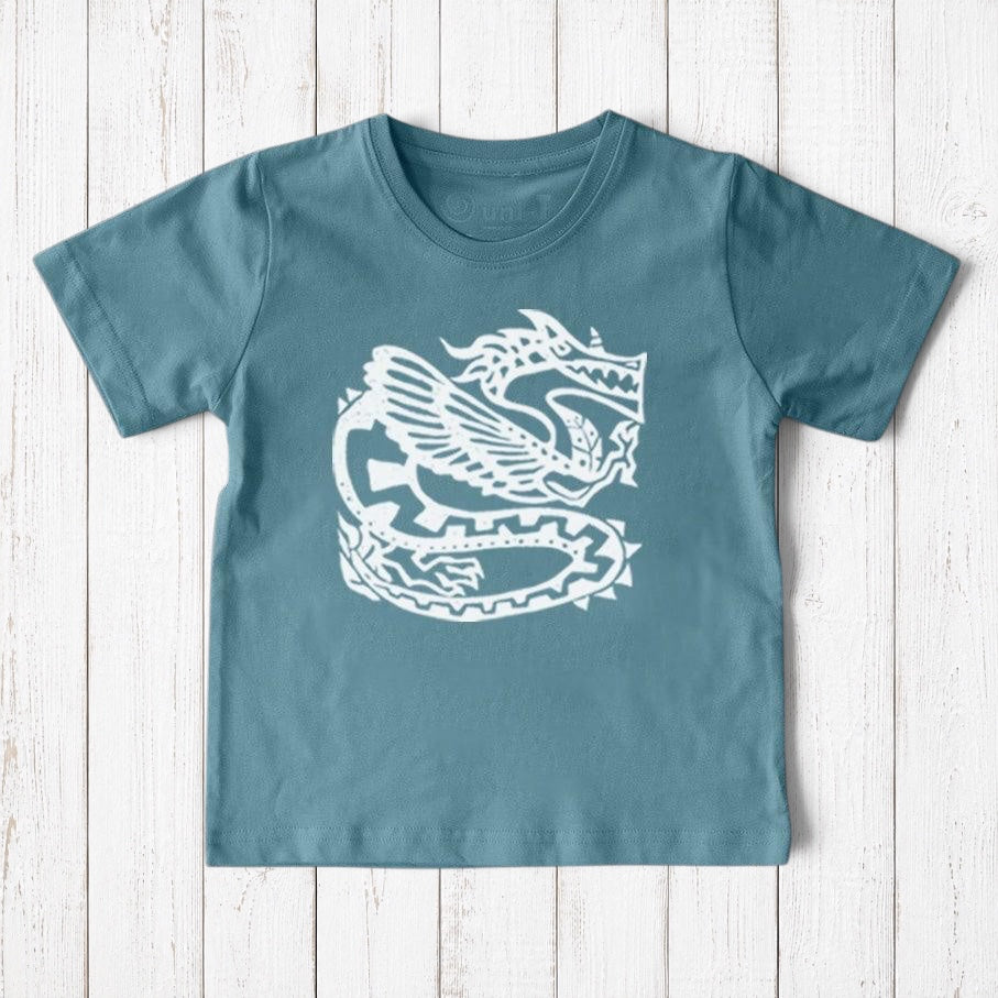 Uni-T kids organic cotton t-shirt in blue with a white hand-illustrated ancient dragon graphic design