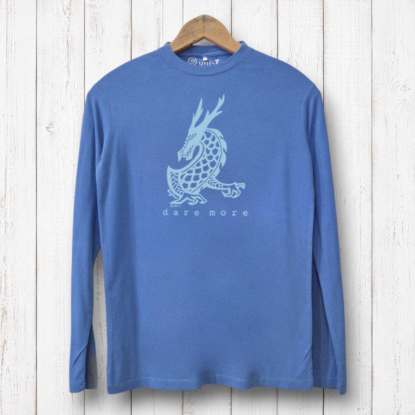 Uni-T blue long sleeve bamboo and organic cotton t-shirt featuring a dragon graphic and Dare More text