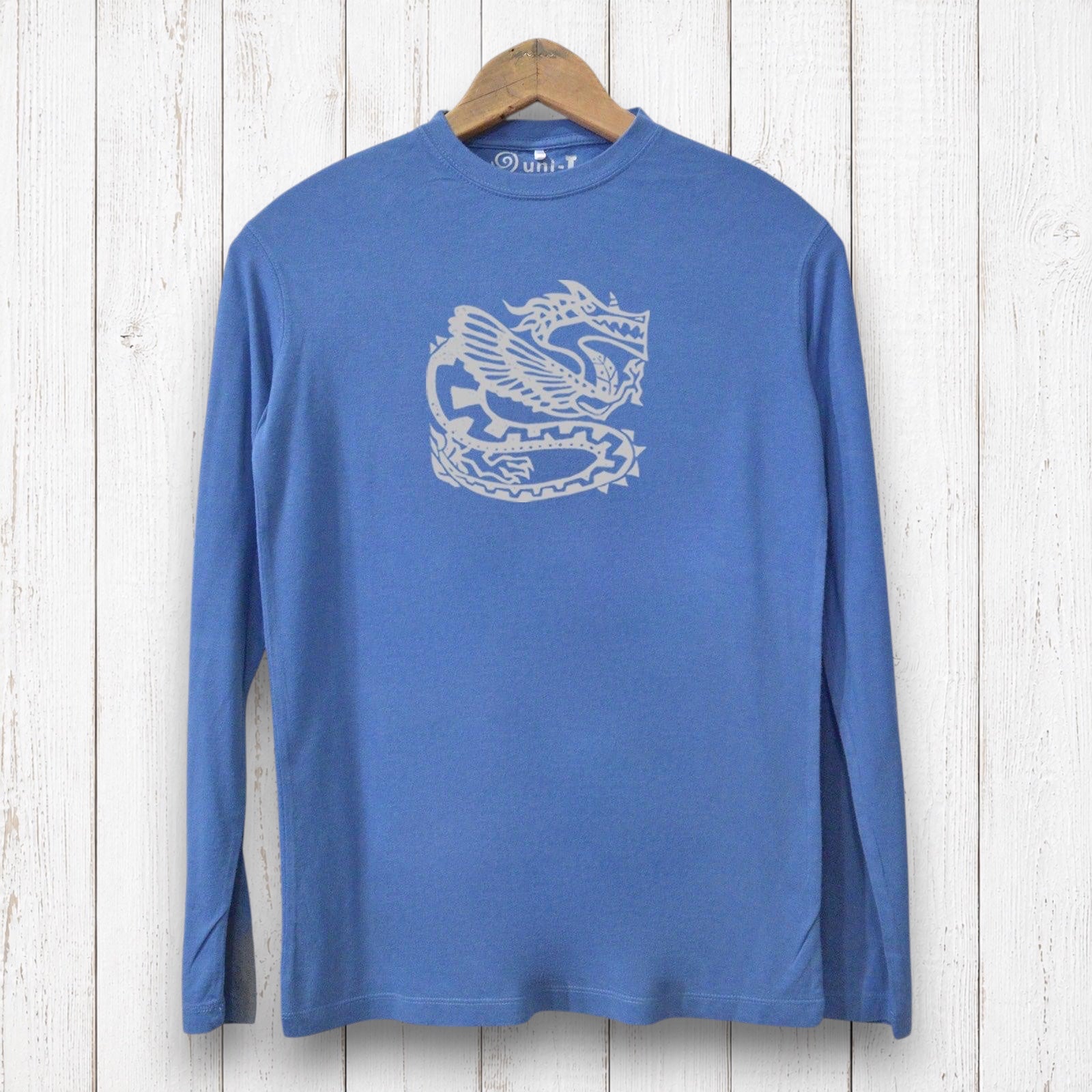 Uni-T blue long sleeve graphic tee featuring an intricate ancient dragon illustration on a rustic wooden background
