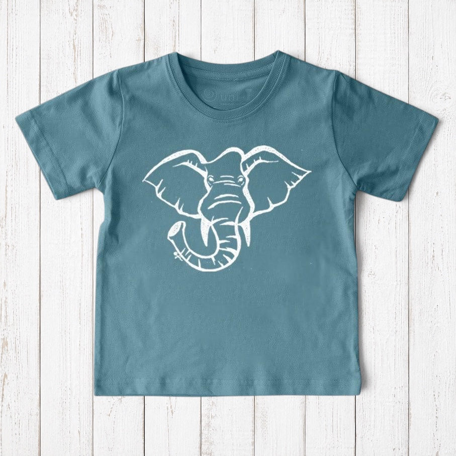 Uni-T kids organic cotton t-shirt in blue with a white hand-illustrated elephant graphic on the front