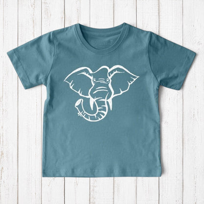 Uni-T kids organic cotton t-shirt in blue with a white hand-illustrated elephant graphic on the front