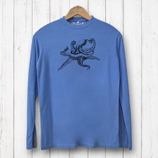 Uni-T blue long sleeve bamboo and organic cotton t-shirt featuring a black octopus graphic illustration.