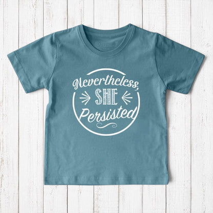 Uni-T kids organic cotton t-shirt in blue with white Nevertheless She Persisted graphic print