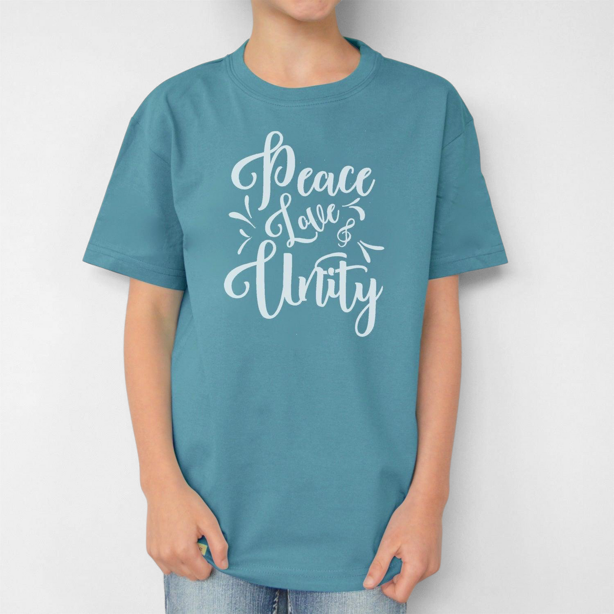 Uni-T kids blue organic cotton t-shirt featuring white hand-drawn Peace Love & Unity typography graphic