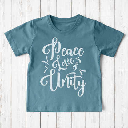 Uni-T kids organic cotton t-shirt in blue with white hand-drawn Peace Love & Unity typography graphic