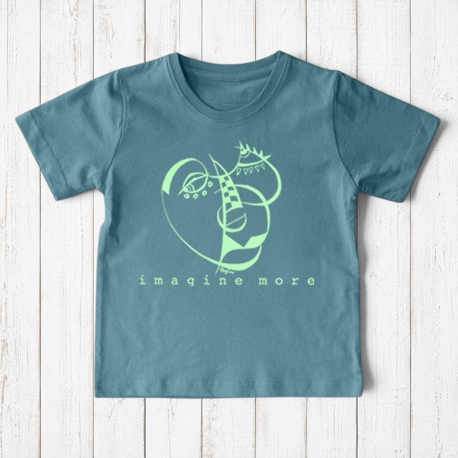 Uni-T kids organic cotton t-shirt in blue with a light green artistic Imagine More graphic print.