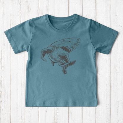 Uni-T kids organic cotton shark graphic t-shirt in blue with a hand-illustrated dark grey shark design