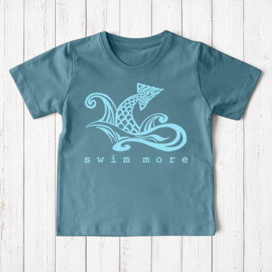 Uni-T kids organic cotton t-shirt in blue with a hand-illustrated fish graphic and Swim More text