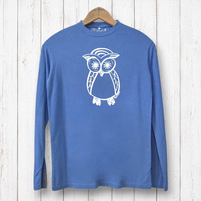 Uni-T blue long sleeve t-shirt featuring a white hand-illustrated owl graphic on soft bamboo and organic cotton blend