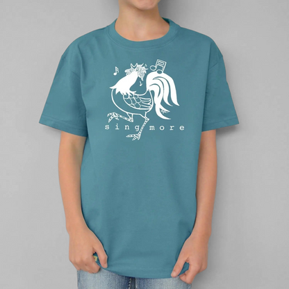 Uni-T kids organic cotton blue t-shirt featuring a white hand-illustrated rooster graphic with Sing More text