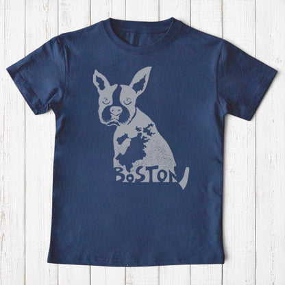 Uni-T kids' navy blue organic cotton t-shirt featuring a hand-illustrated Boston Terrier graphic print.
