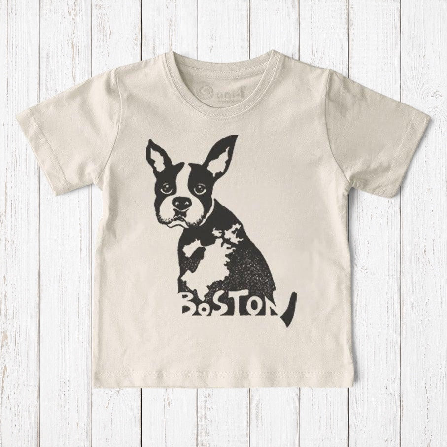 Uni-T kids organic cotton t-shirt in beige featuring a hand-illustrated black Boston Terrier graphic