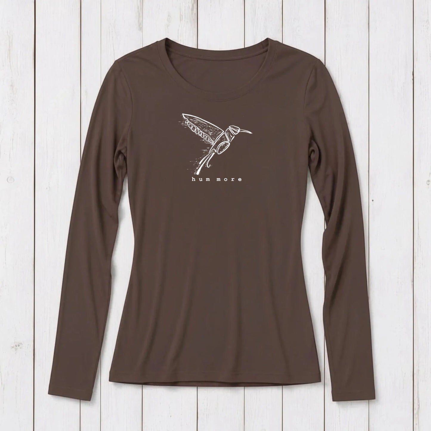 Uni-T women's long sleeve crew neck t-shirt in solid dark brown bamboo and organic cotton blend fabric.