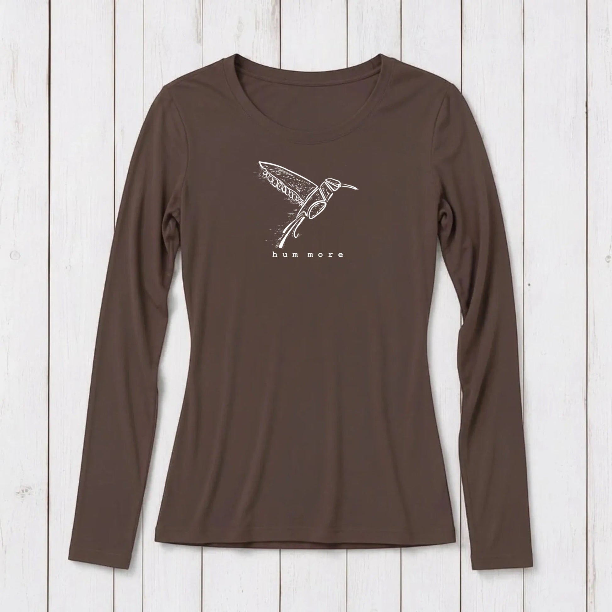 Uni-T women's long sleeve crew neck t-shirt in solid dark brown bamboo and organic cotton blend fabric.