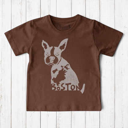 Uni-T kids brown organic cotton t-shirt featuring a hand-illustrated white Boston Terrier graphic print