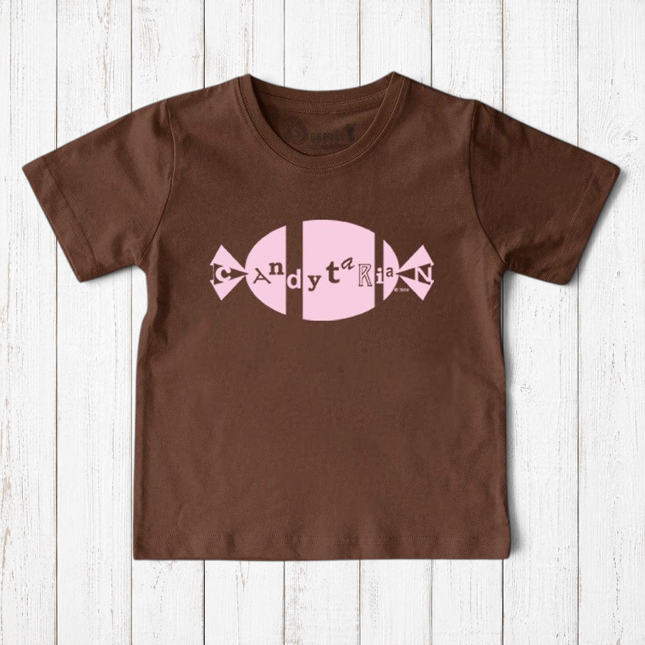 Uni-T brown organic cotton children's t-shirt featuring a pink candy graphic with Candytarian text on a wood background