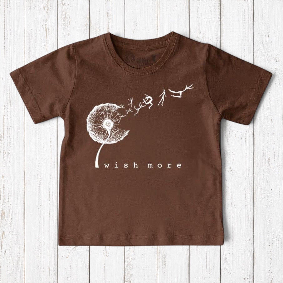 Uni-T organic cotton kids t-shirt in brown featuring a white hand-illustrated dandelion graphic with wish more text