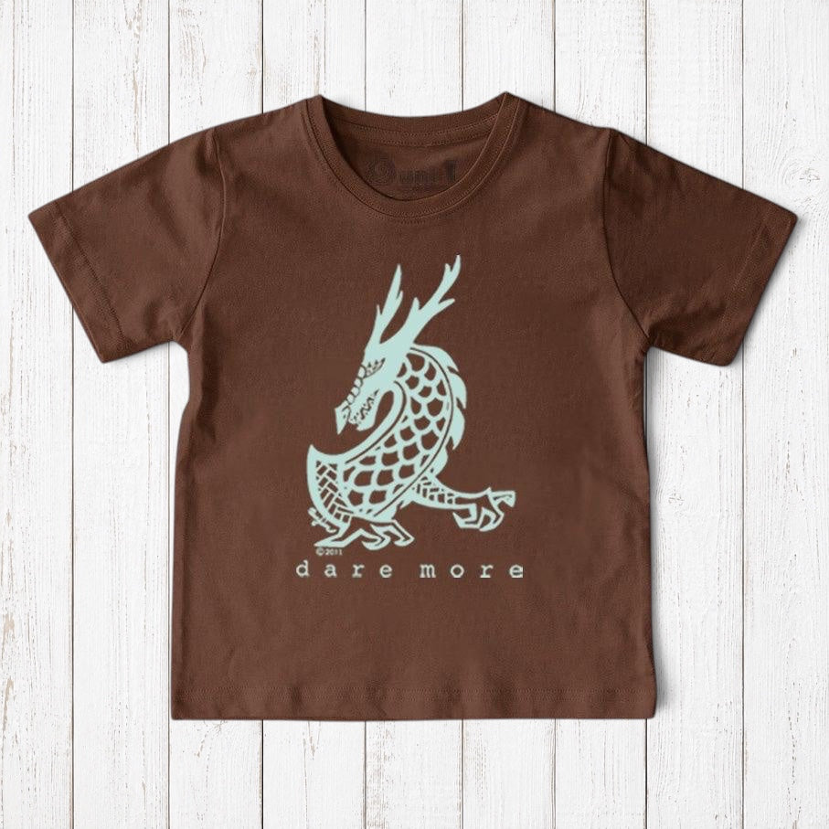 Uni-T kids brown organic cotton t-shirt featuring a light blue hand-illustrated dragon graphic and Dare More text