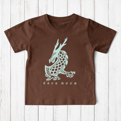 Uni-T kids brown organic cotton t-shirt featuring a light blue hand-illustrated dragon graphic and Dare More text