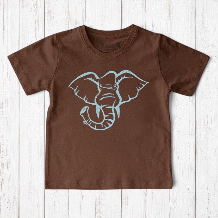 Uni-T kids brown organic cotton t-shirt featuring a light blue hand-illustrated elephant graphic on a wood background