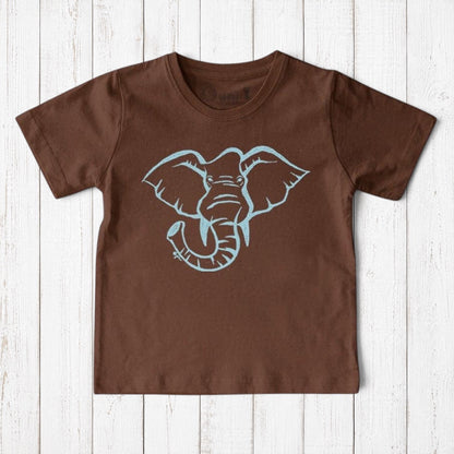 Uni-T kids brown organic cotton t-shirt featuring a light blue hand-illustrated elephant graphic on a wood background