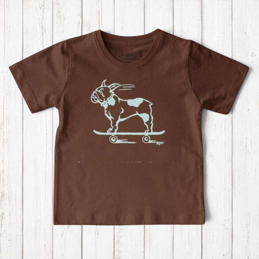 Uni-T kids brown organic cotton t-shirt featuring a hand-illustrated white French Bulldog riding a skateboard
