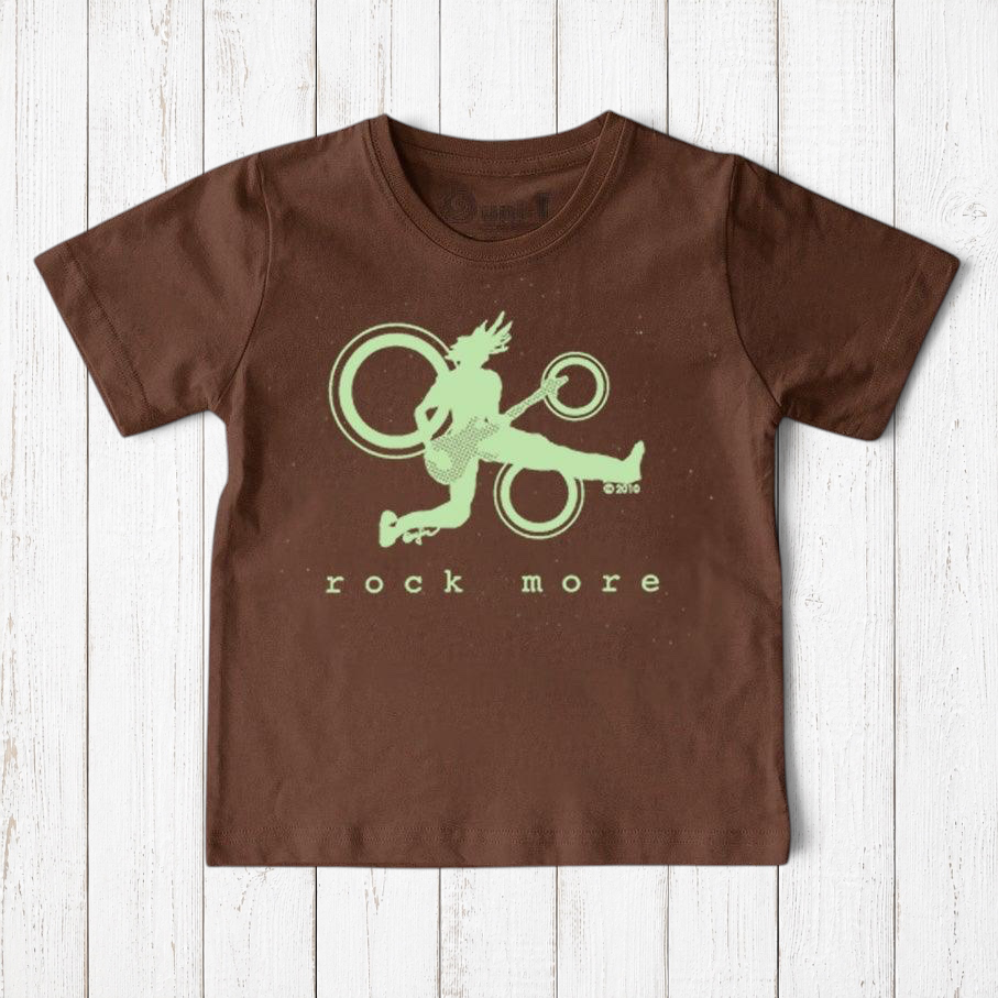 Uni-T brown organic cotton kids t-shirt featuring a light green hand-drawn guitar player graphic and Rock More text