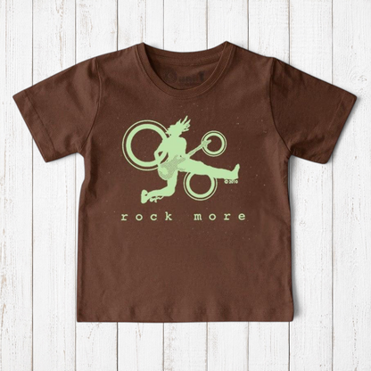 Uni-T brown organic cotton kids t-shirt featuring a light green hand-drawn guitar player graphic and Rock More text