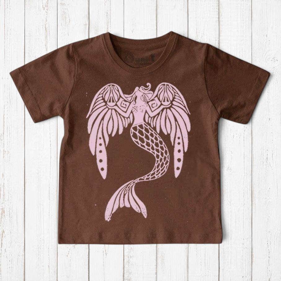 Uni-T kids organic cotton brown t-shirt featuring a light pink hand-illustrated mermaid graphic with scales of justice