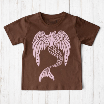 Uni-T kids organic cotton brown t-shirt featuring a light pink hand-illustrated mermaid graphic with scales of justice