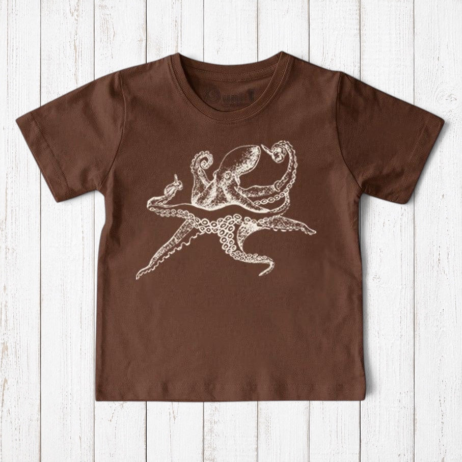 Uni-T kids brown organic cotton t-shirt featuring a white hand-illustrated octopus graphic on a rustic wood background