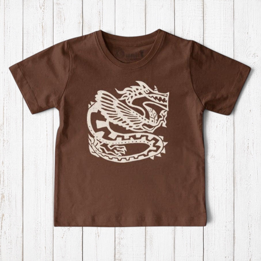 Uni-T kids organic cotton brown t-shirt featuring a white hand-illustrated ancient dragon graphic design